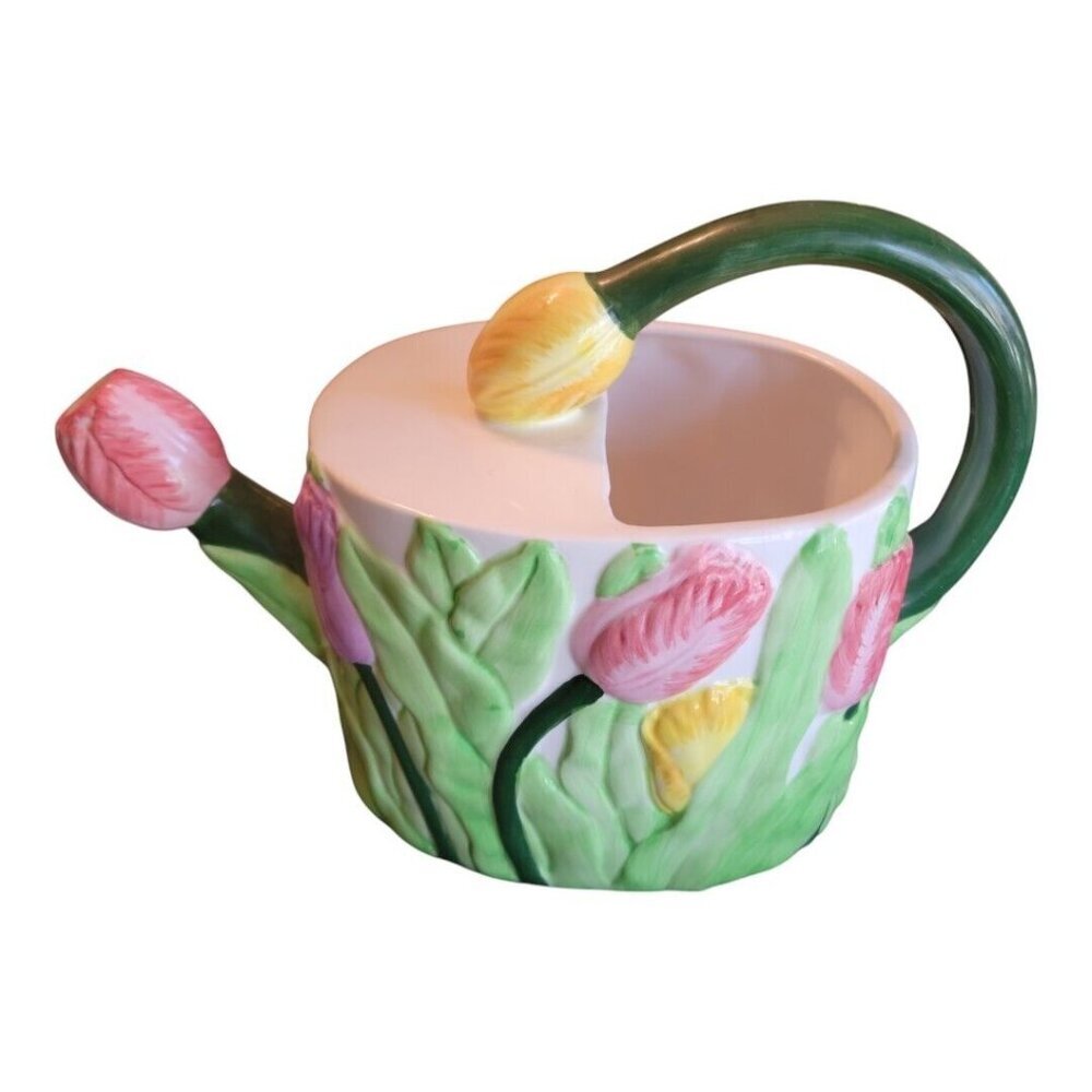 VINTAGE Floral Tulips WATERING CAN Pitcher Figurines 7 cup 3D Porcelain